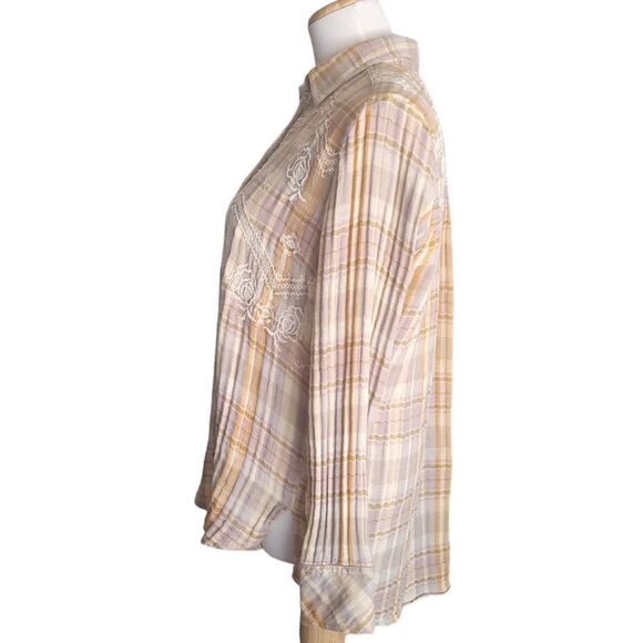 Free People Magical Plaid Embroidered Button Long Sleeve Top Gray & Orange Small - Picture 3 of 12